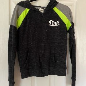 PINK Victoria's Secret Black Heather Zip Hoodie with Neon Lime Accents
